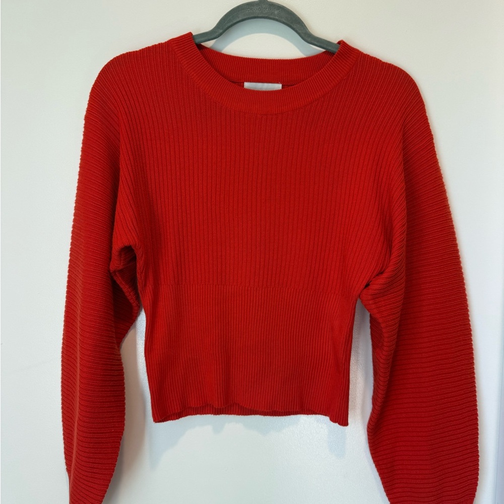 Pink Rose Red Ribbed Crewneck Sweater